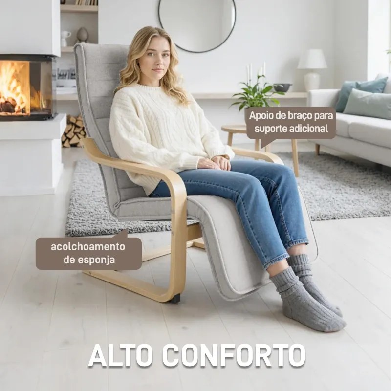 Poltrona Relax com Apoio para os Pés Ajustáveis Poltrona Estofada em Tecido com Estrutura de Madeira 66,5x94x100 cm Cinza Claro