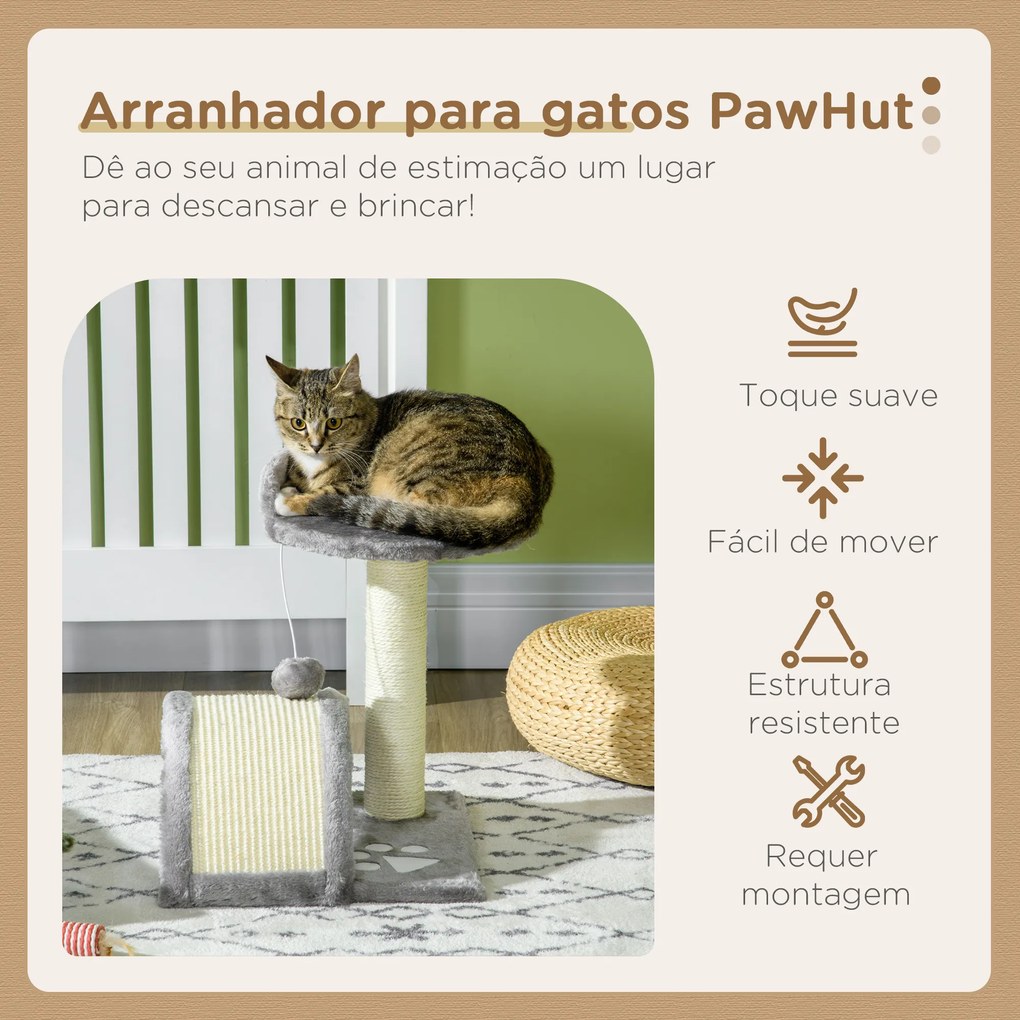 Arranhador para Gatos de 2 Níveis com Poste e Tapete de Arranhar Cama e Bola Suspensa 35,5x37x46 cm Cinza