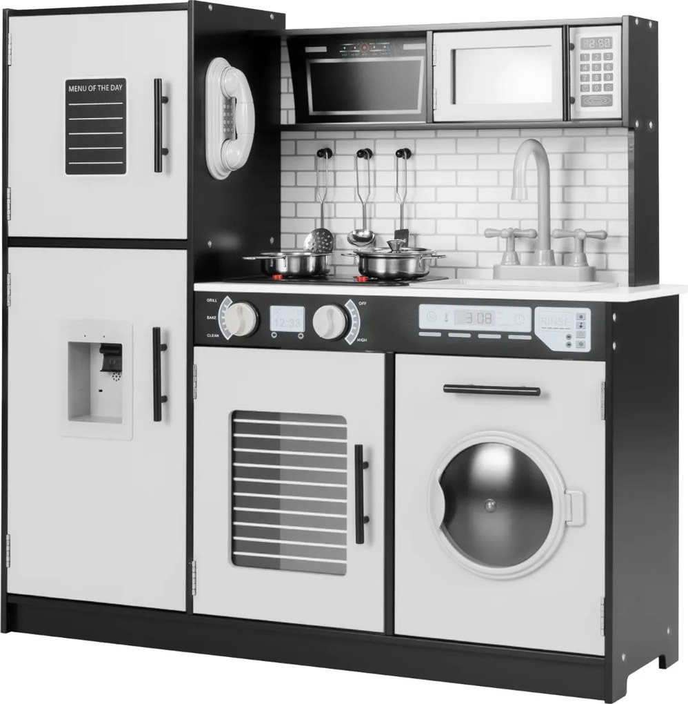 Cozinha de brincar para crianças com forno, máquina de lavar, micro-ondas, dispensador, sons e luzes. Brinquedo simbólico de chef para crianças com ma