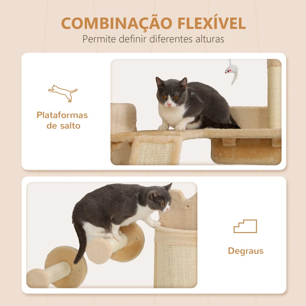 Arranhador de Parede para Gatos com Postes de Sisal Plataforma de Salto Bege