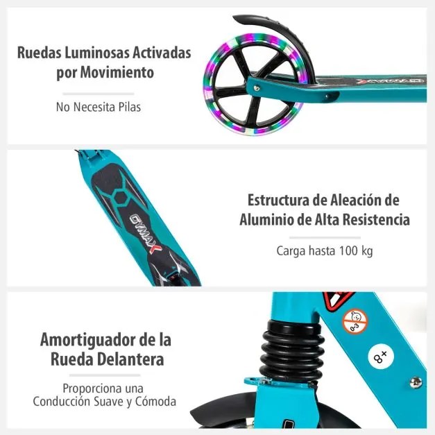 Trotinete dobrável com luzes LED para crianças Guiador com altura ajustável 93 x 43 x 91-106 cm Turquesa