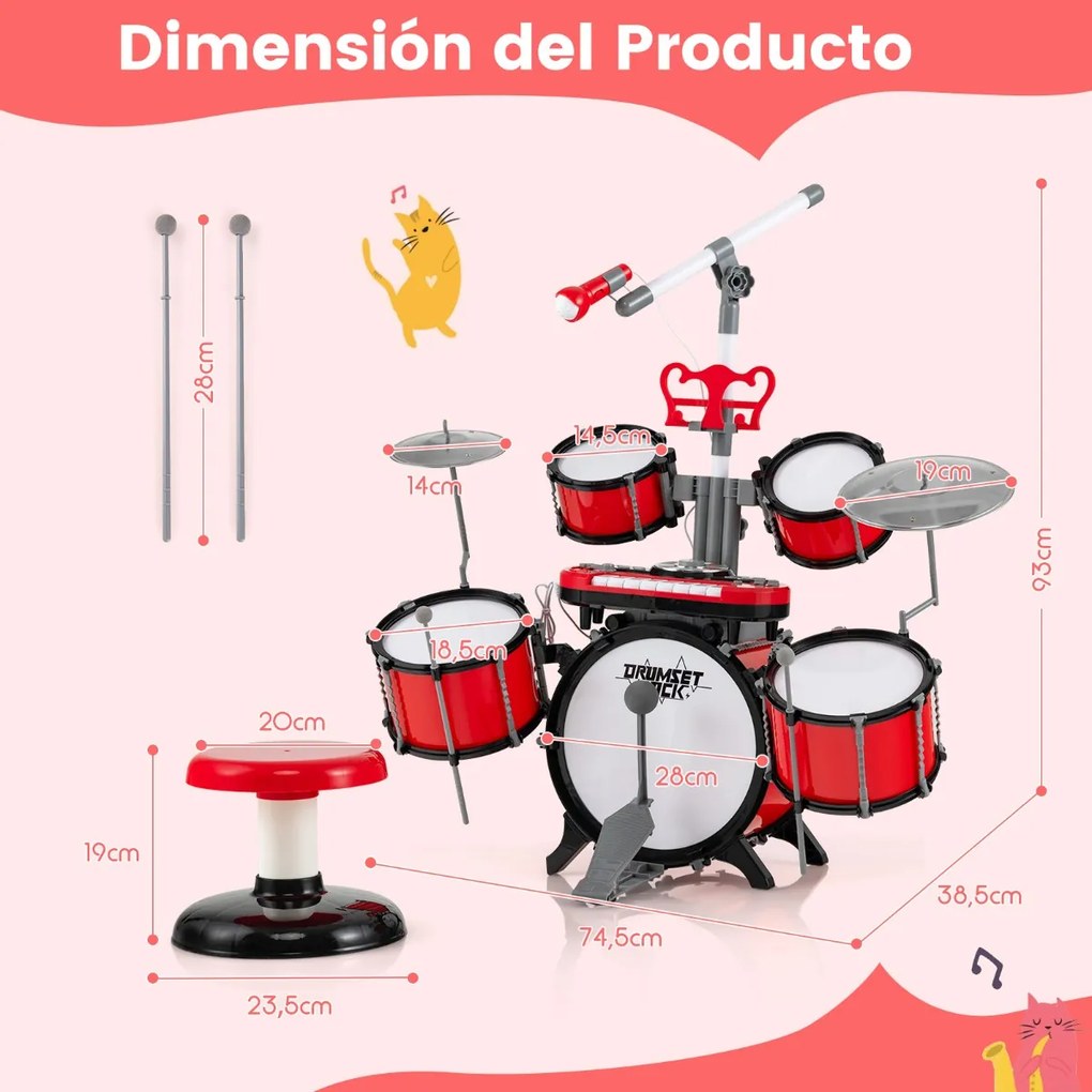 Conjunto de bateria para crianças com microfone e Banco Teclado multifunções Instrumento de percussão de brinquedo multifunções Vermelho