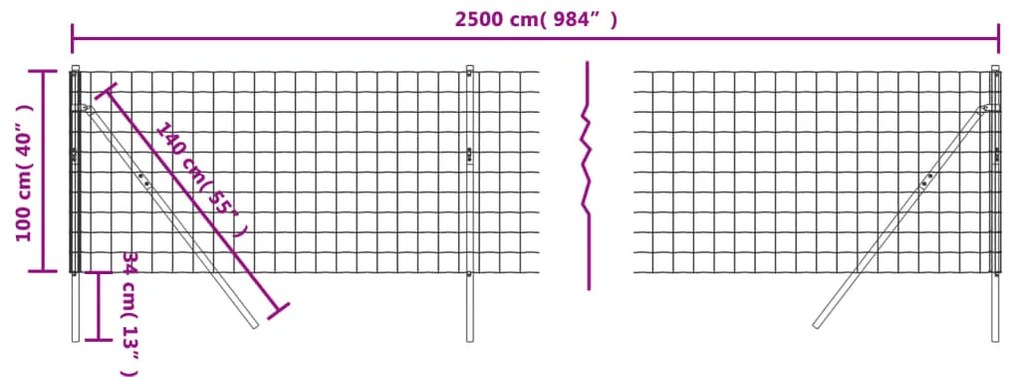 Cerca de malha de arame 1x25 m aço galvanizado antracite