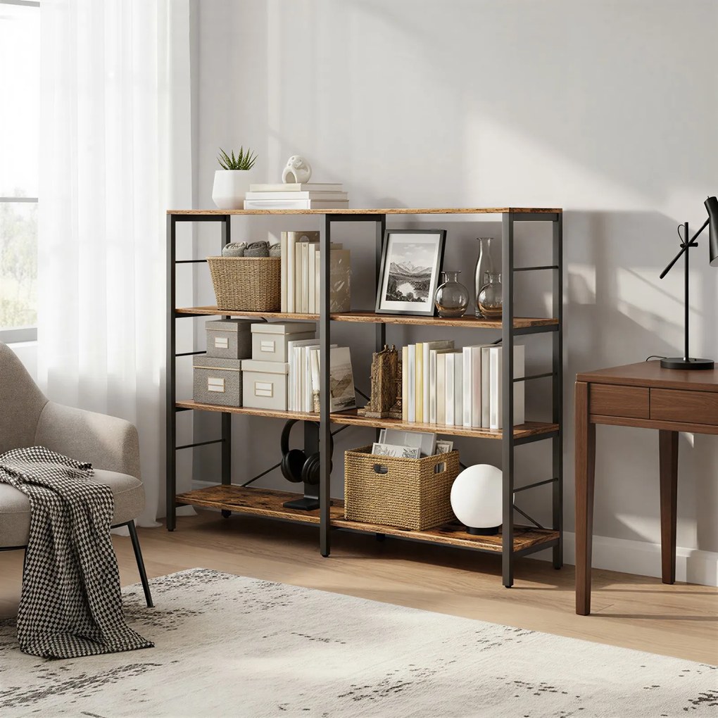 Estante de 4 níveis 120 x 30 x 109,4 cm, estante de arrumação, sala de estar, escritório castanho-preto