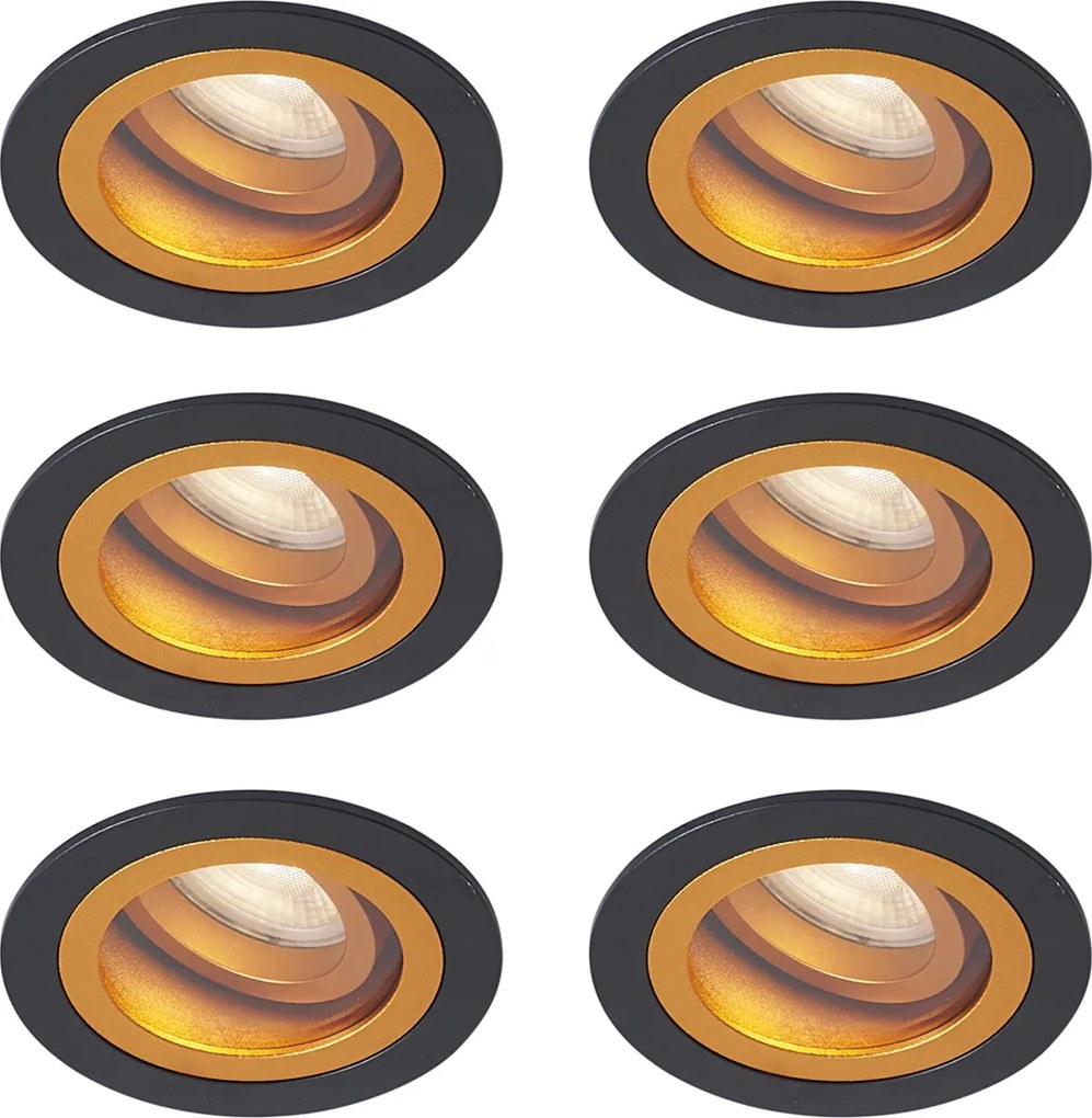 Conjunto de 6 focos embutidos modernos preto com dourado giratórios e inclináveis IP44 - Chuck
