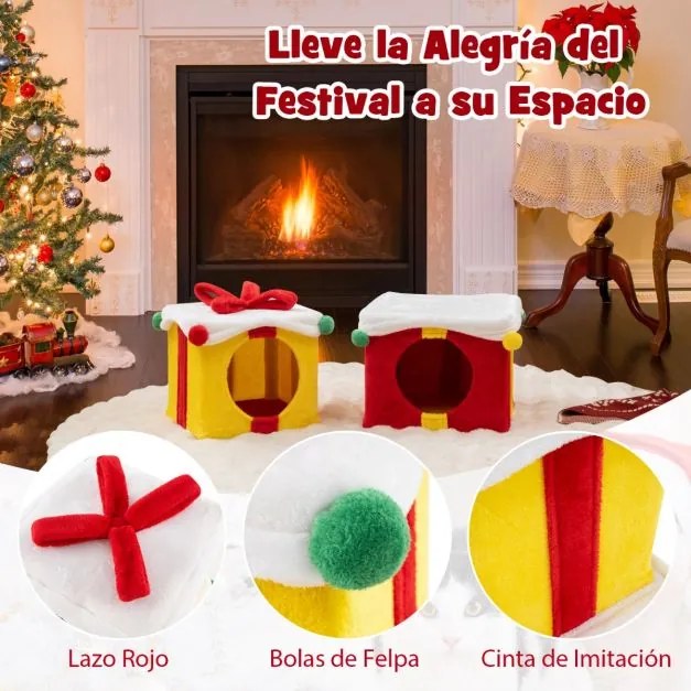 Casa de Natal para gatos de 2 andares em forma de presentes Casa para gatos empilhável com laço Mobiliário para gatos de interior com 2 camas