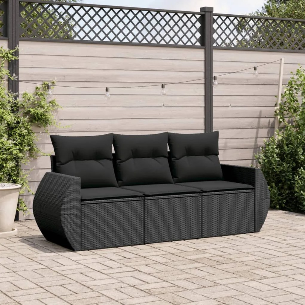 3 pcs conjunto sofás de jardim com almofadões vime PE preto