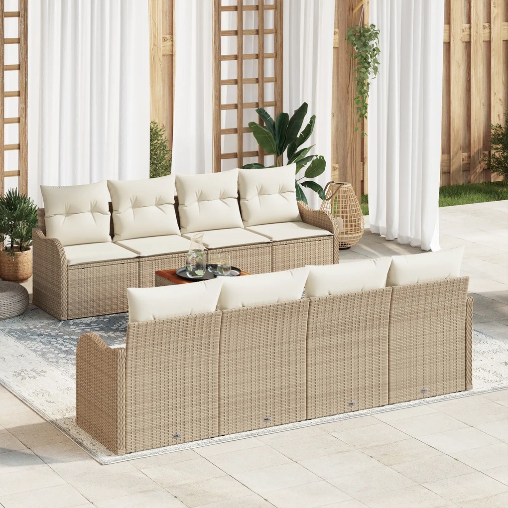 vidaXL Conjunto de Sofá de Jardim de 9 Peças com Almofadas Bege de Rattan Sintético Acácia