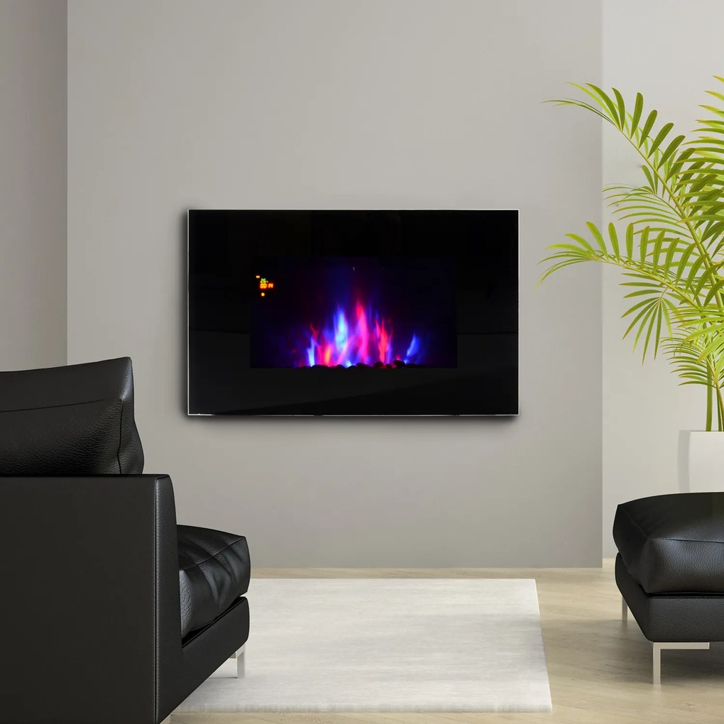 HomCom® Lareira Eléctrica de Parede 1000/2000W Comando a Distância 90x9,5x56 cm