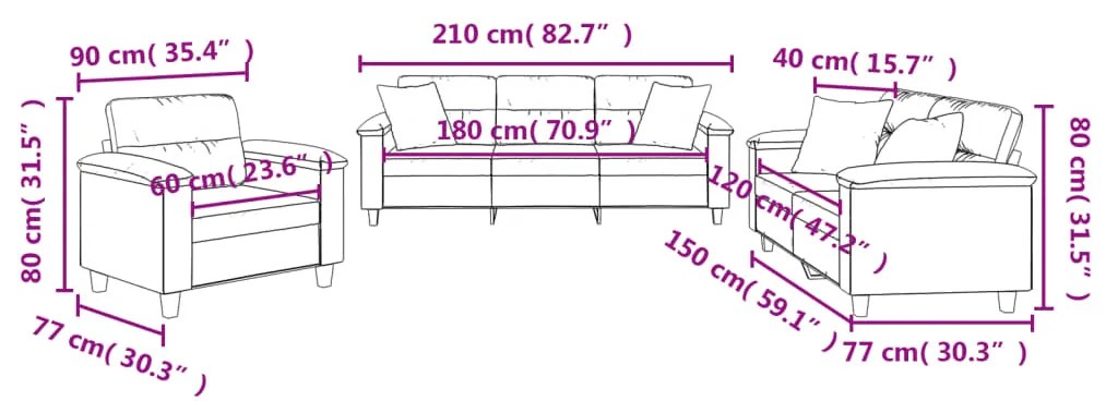 3 pcs conjunto sofás c/ almofadas tecido microfibra cinza-claro