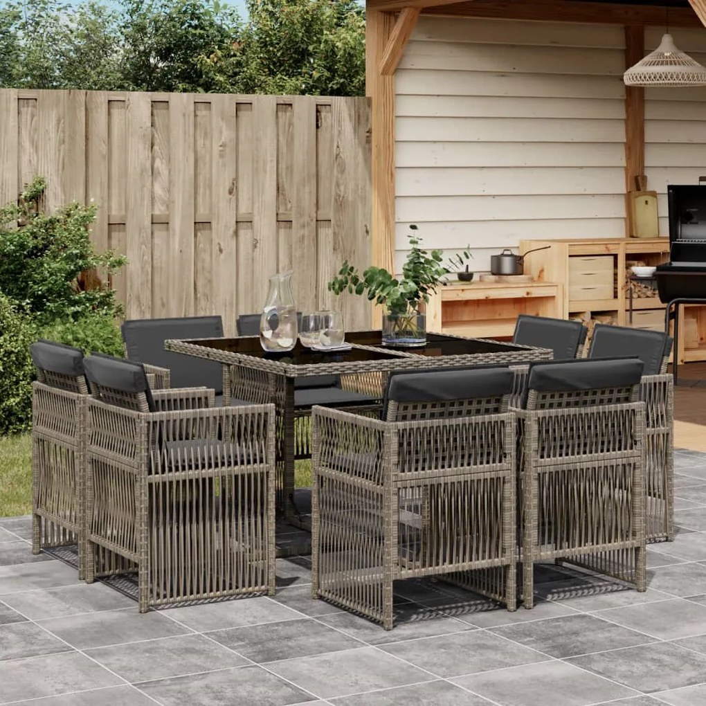 9 pcs conjunto de jantar p/ jardim c/ almofadões vime PE cinza