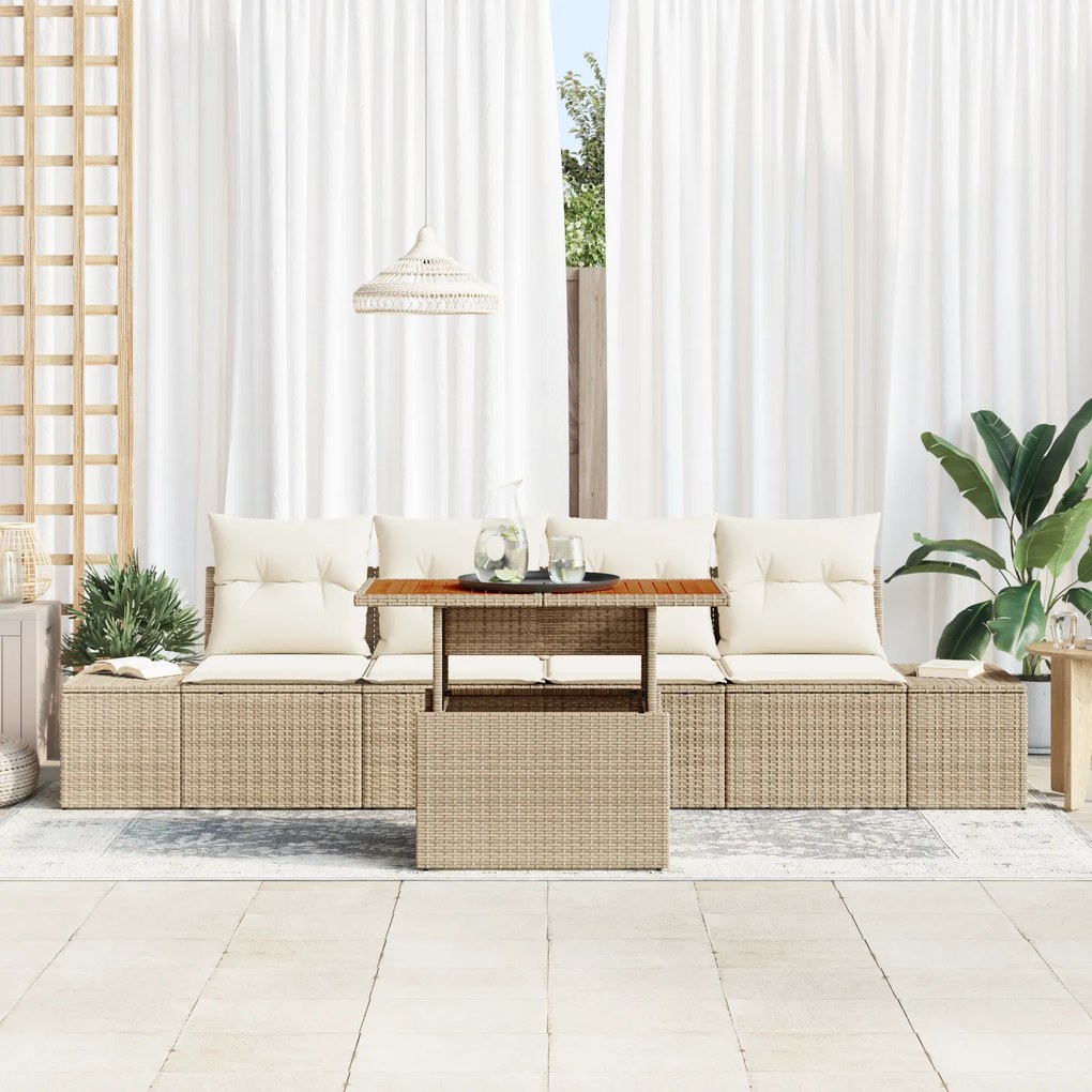Conjunto de Sofá de Jardim de 5 Peças com Almofadas Bege Poliratan