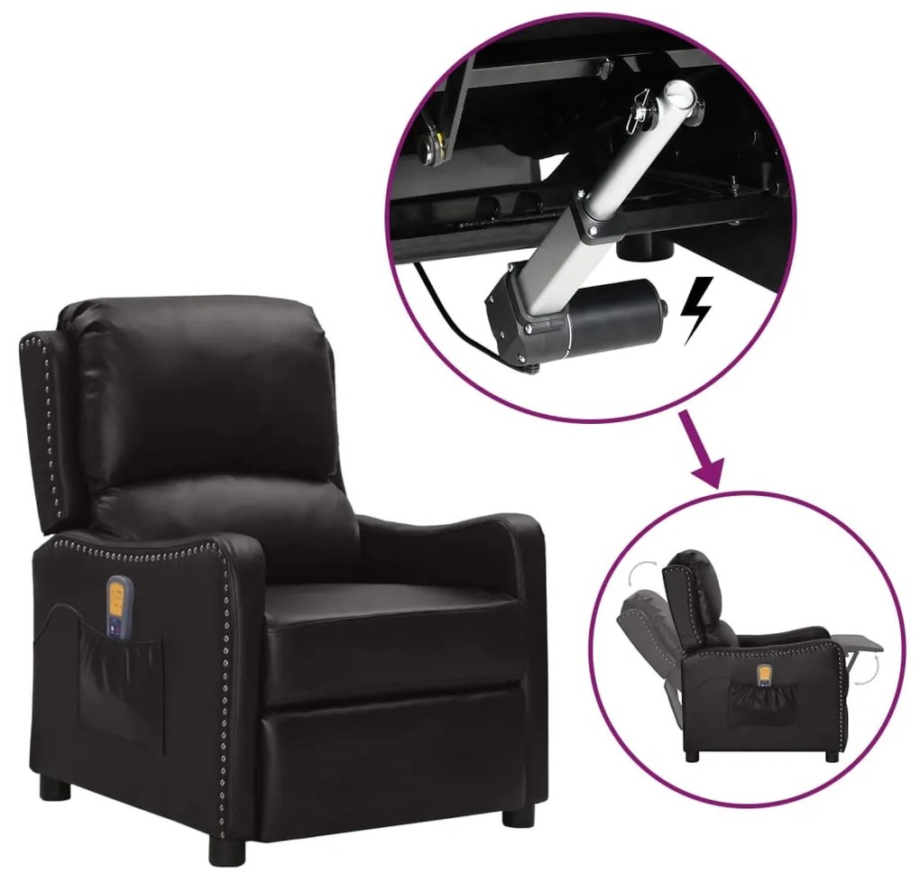 vidaXL Poltrona massagens elevatória couro artificial preto brilhante