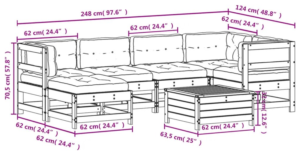 7 pcs conj. lounge jardim com almofadões madeira douglas maciça