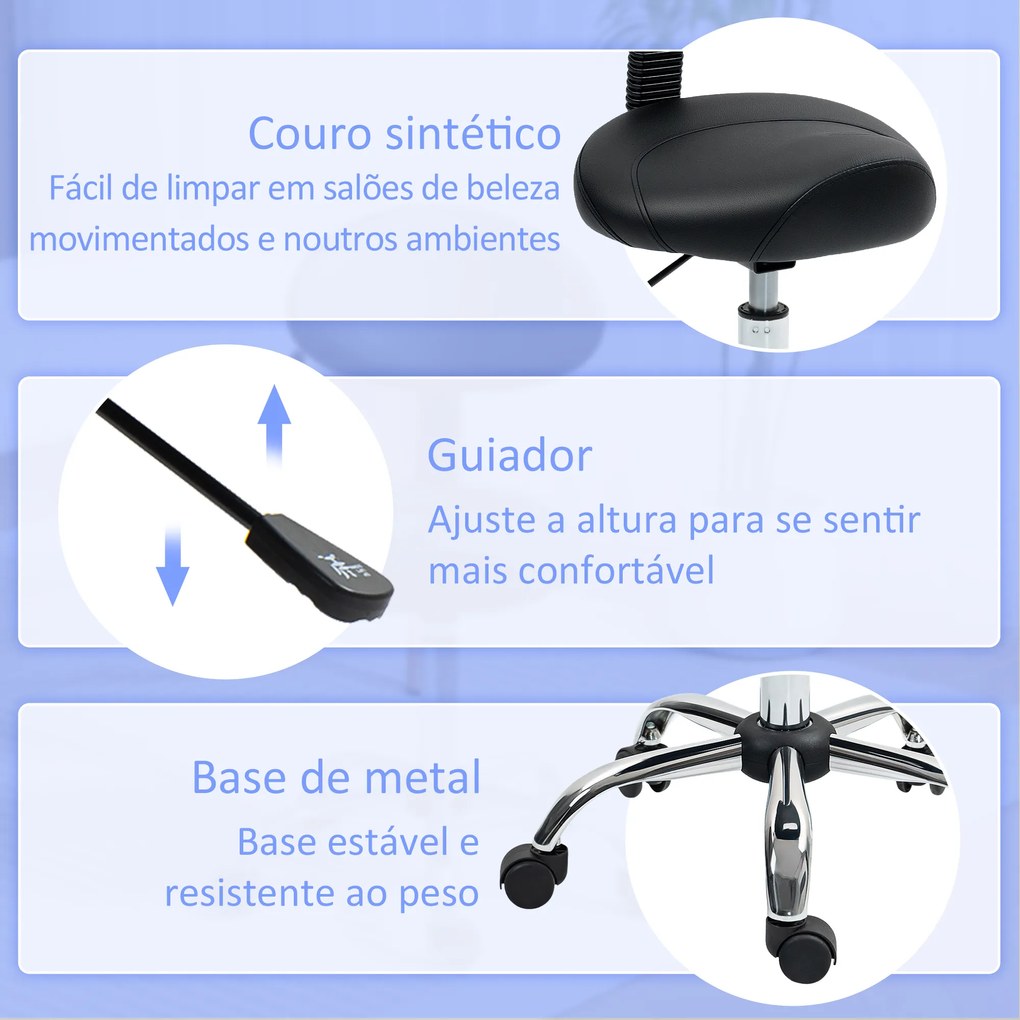 Banco Giratório Rodas e Encosto Amovível Banco de Trabalho com Altura Regulável 83-98 cm Assento Estofado em Couro Sintético Preto