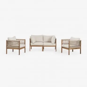 Conjunto De Sala Com Sofá Modular De 2 Peças Com Apoios De Braços E 2 Poltronas Em Madeira De Acácia Branson Branco Gardênia - Castanho Acácia - Sklum