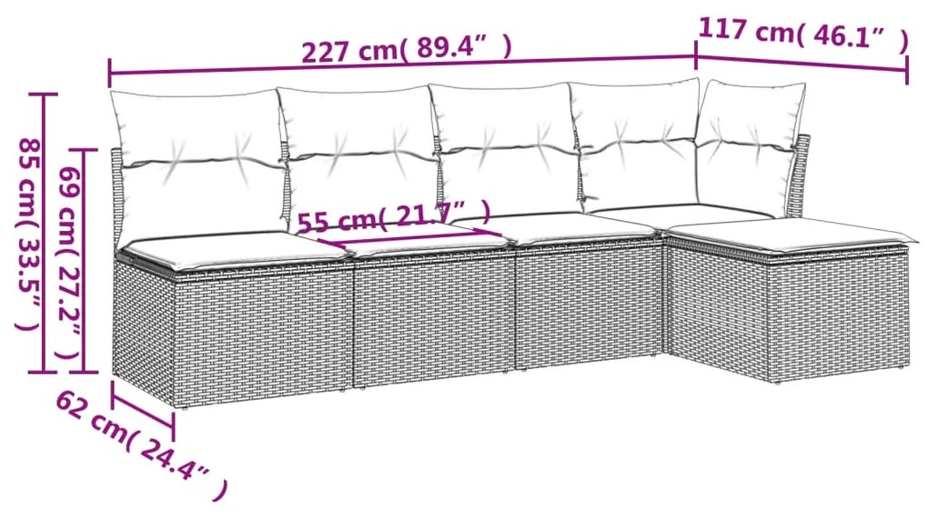 5 pcs conjunto sofás de jardim c/ almofadões vime PE cinzento