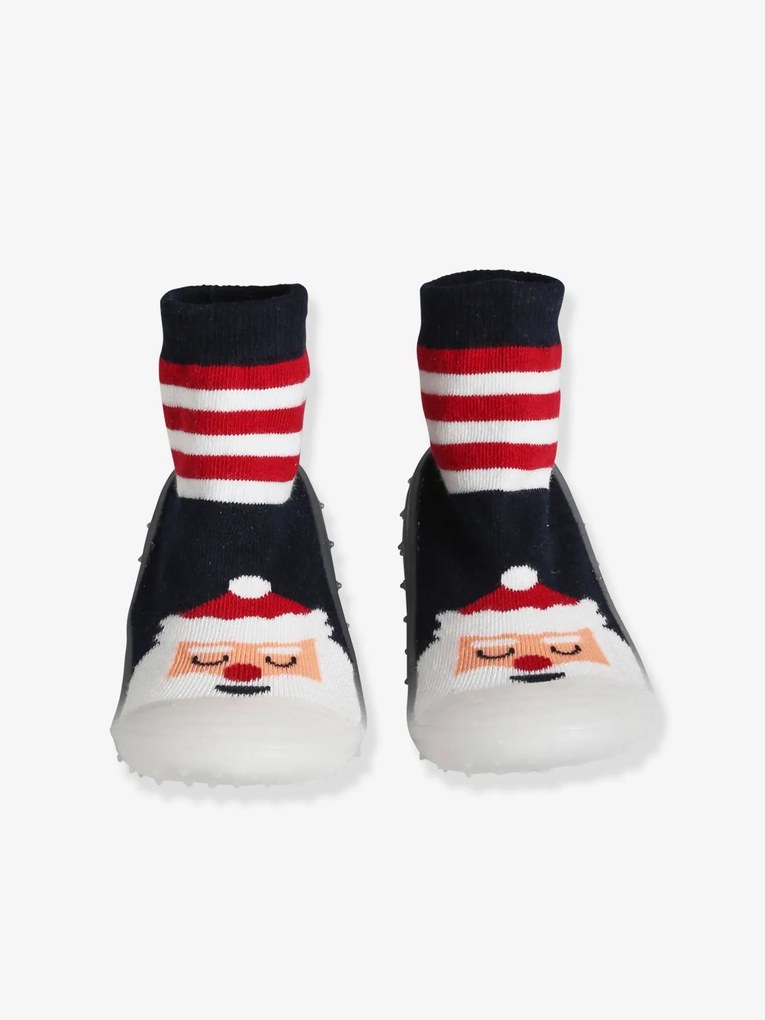 Pantufa-meia antiderrapante, especial Natal, para criança riscas vermelho