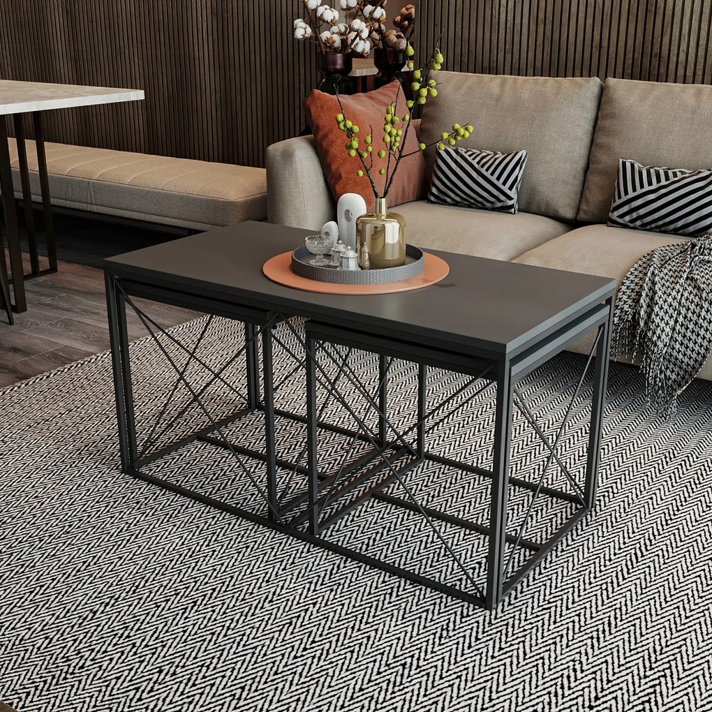 Conjunto de Mesas de Centro Defne – Antracite e Preto – 100x52x50 cm e