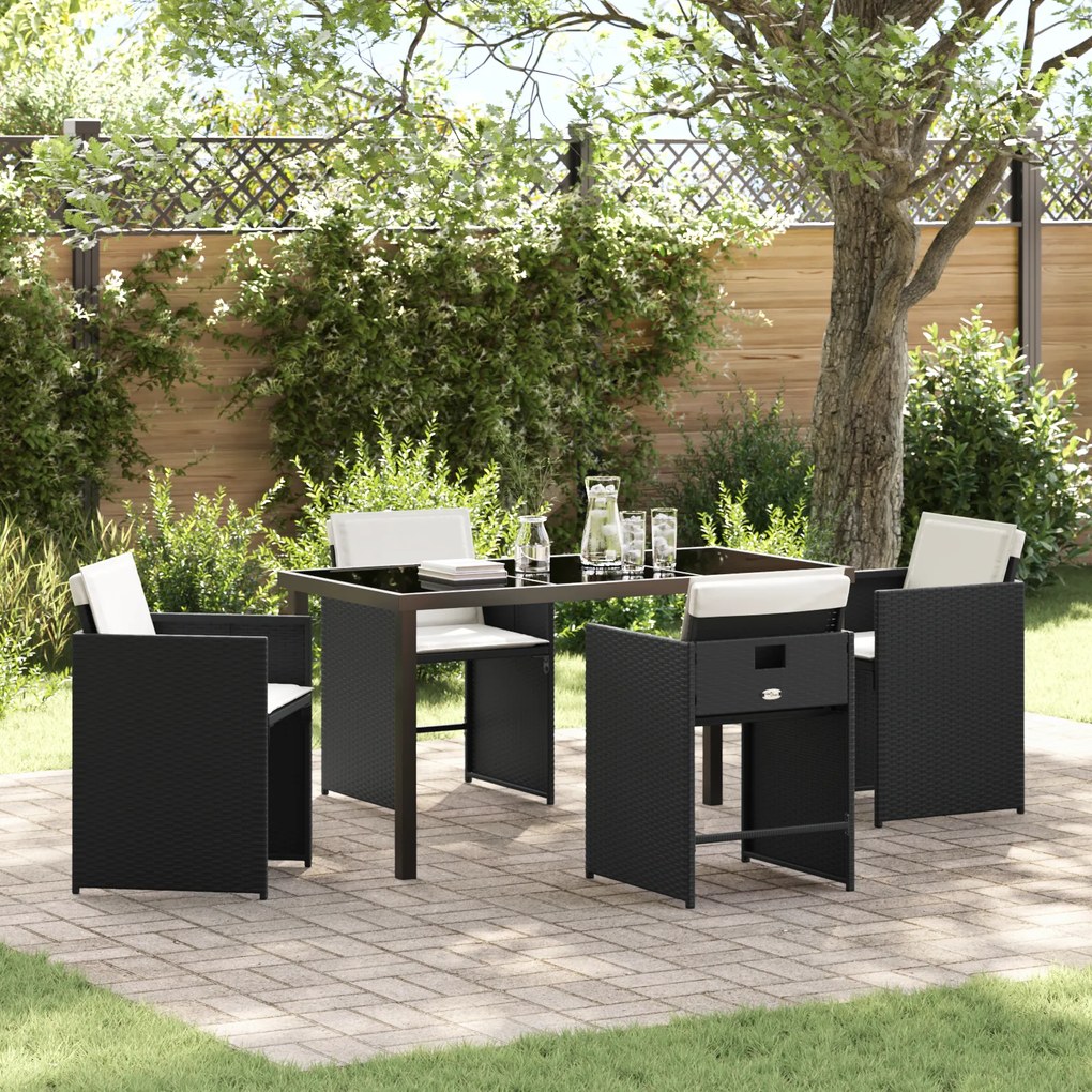 vidaXL Conjunto de Jantar de Jardim 5 Peças com Almofadas Preto Vime PE