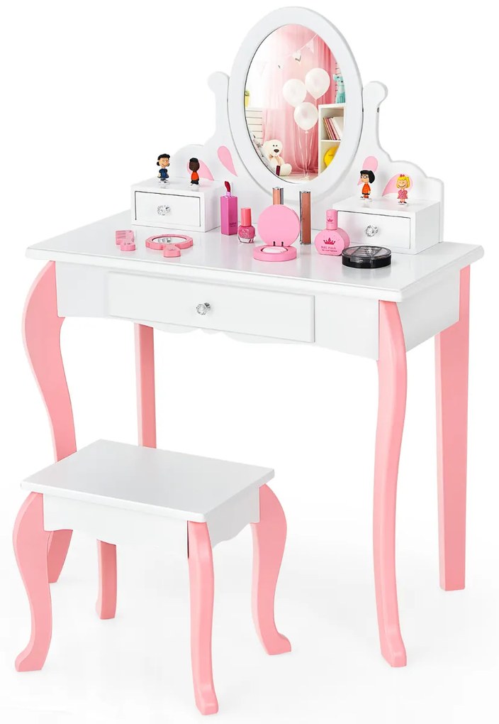 Conjunto de Toucador e Banco para Crianças Mesa de Maquilhagem para Princesas com Espelho Rotativo 360° Removível 3 Gavetas Branco e Rosa