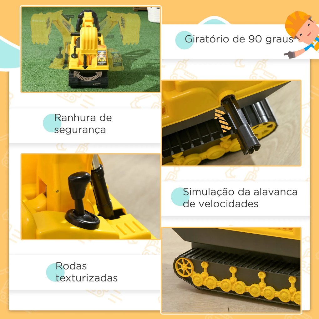 Escavadora sem Pedais com Braço Móvel para bébes Carro Andador com Assento de Armazenamento Pá Dianteira e Buzina 78x24x58,5 cm Amarelo