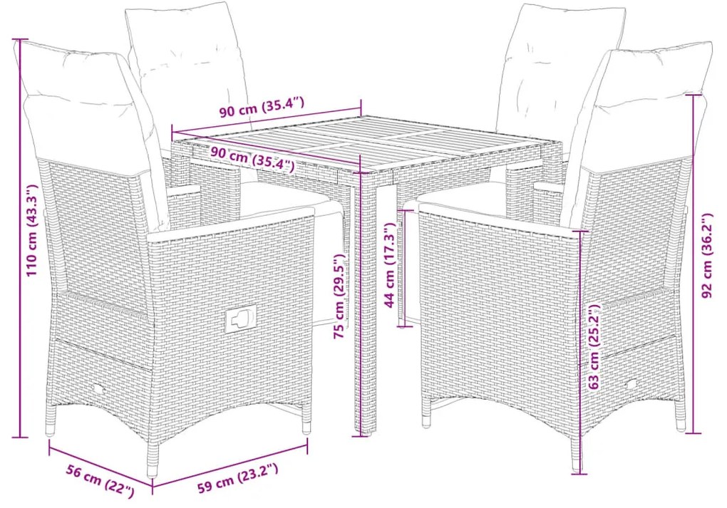 5 pcs conjunto bistrô de jardim c/ almofadões vime PE cinza