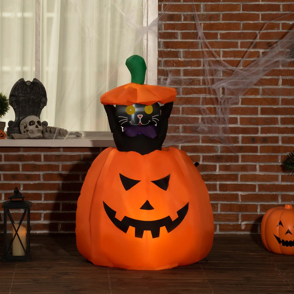Abóbora Insuflável de Halloween com Gato Altura 91-115cm Decoração de Halloween com Luzes LED IP44 2 Infladores para Jardim Festas Exterior