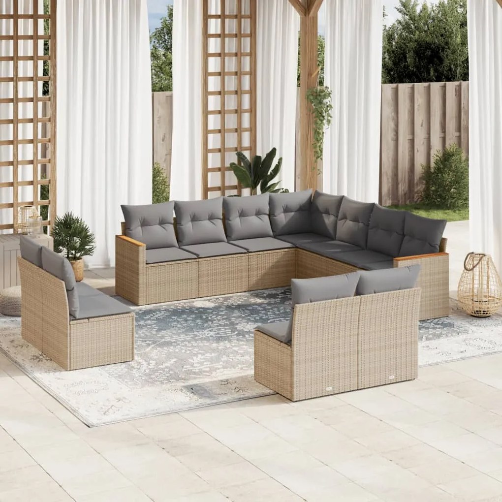 vidaXL 11 pcs conj. sofás jardim c/ almofadões vime PE bege misturado