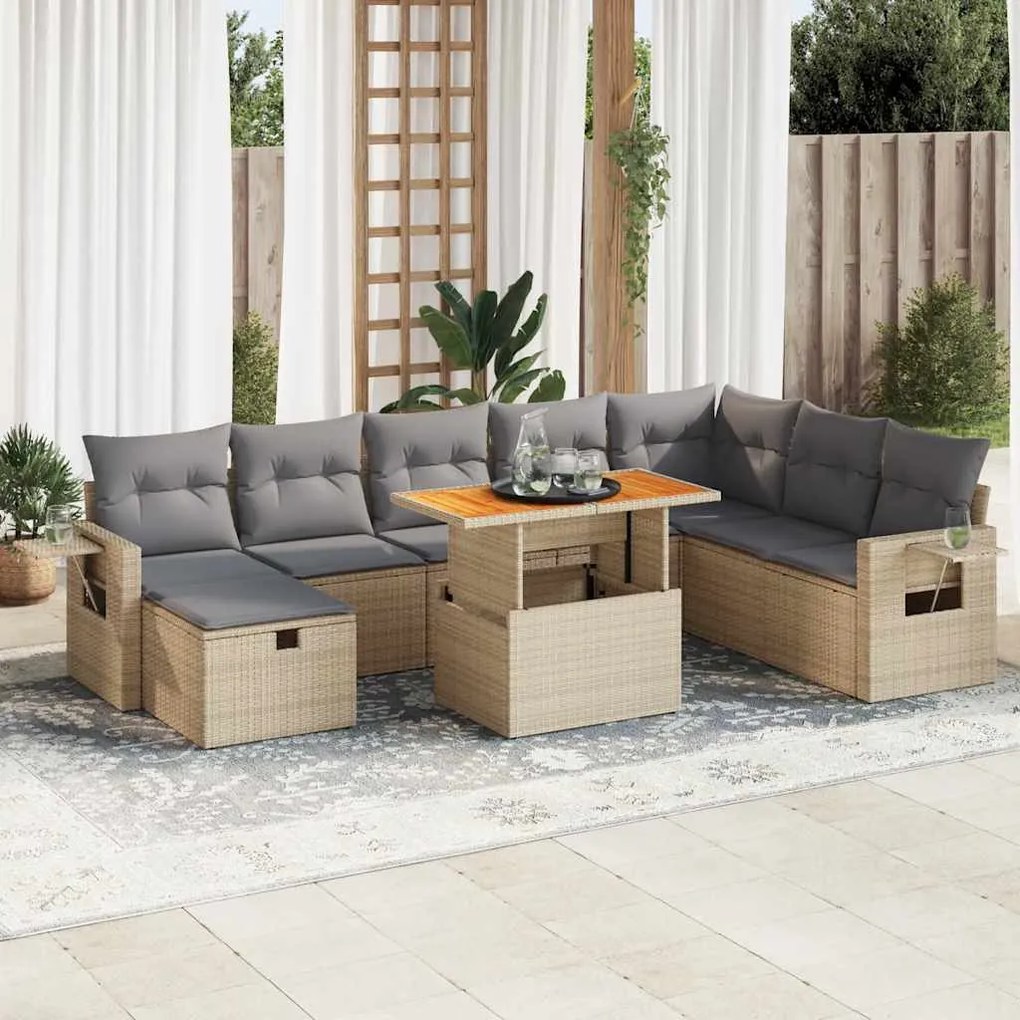 9 pcs conjunto sofás jardim com almofadões vime PE/acácia bege