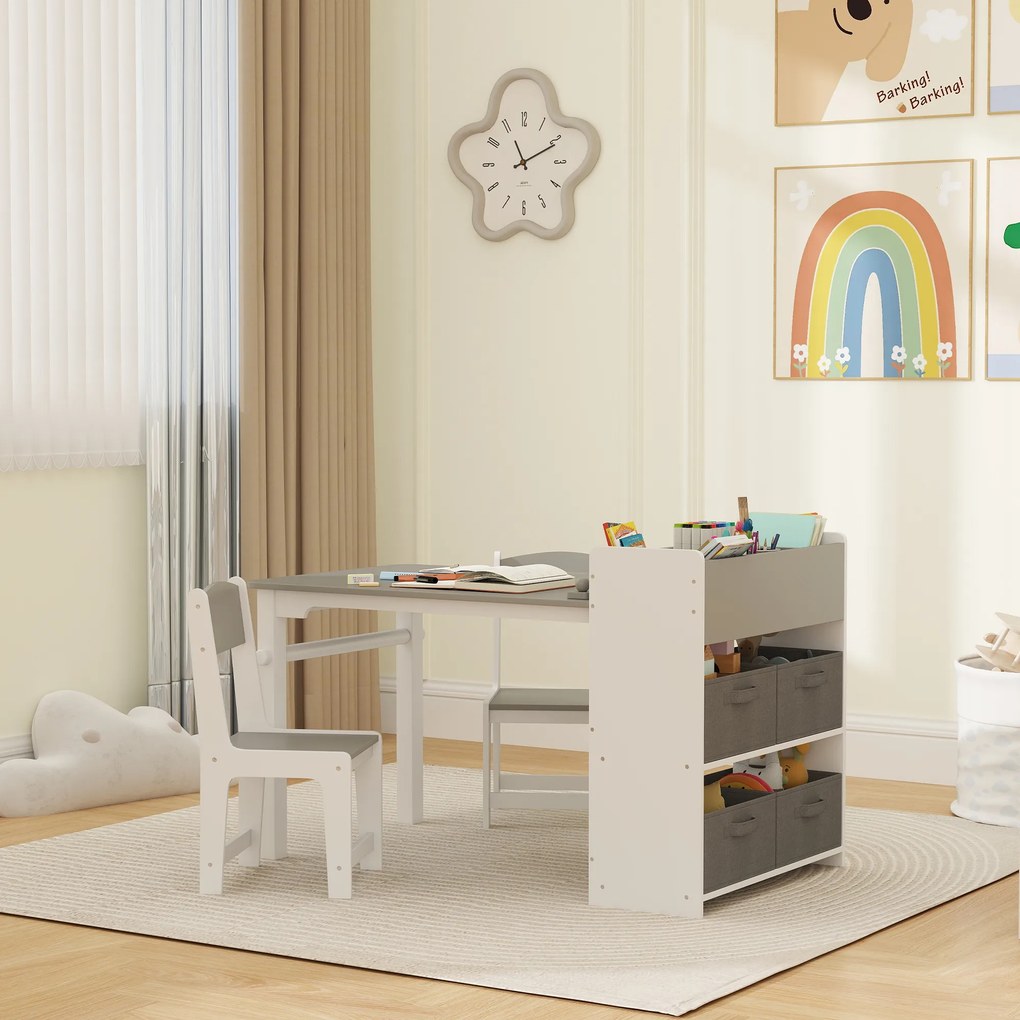 Conjunto de mesa e 2 cadeiras infantis em madeira com rolo de papel, prateleiras e gavetas, para meninas e meninos dos 3 aos 8 anos, cinzento