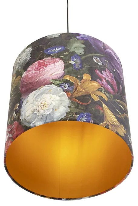 Candeeiro de suspensão com abajur de veludo flores com dourado 40 cm - Combi Clássico / Antigo