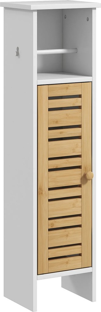 Coluna Casa de Banho Pequena Moderna Móvel Auxiliar Casa de Banho com Suporte para Papel Higiénico 21x17x78 cm Branco e Madeira