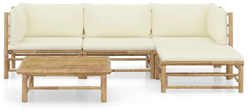 5 pcs conj. lounge p/ jardim em bambu c/ almofadões branco nata