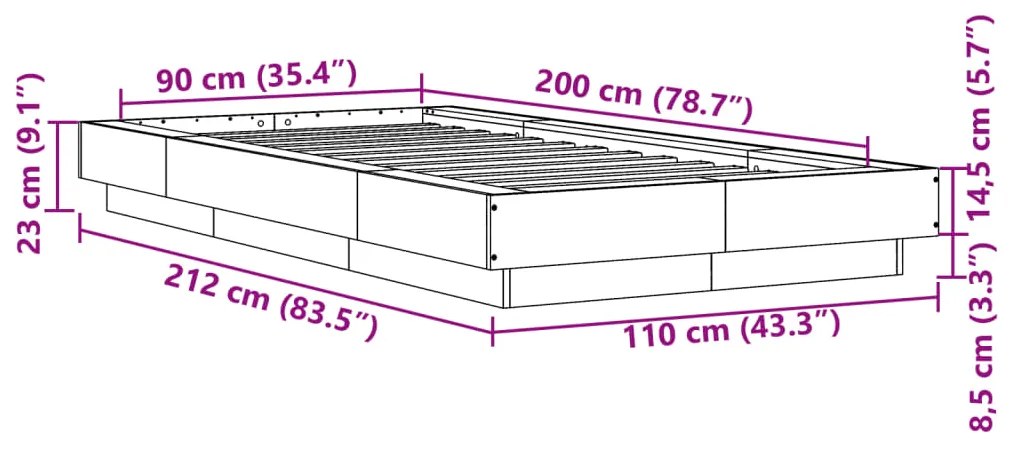 Estrutura cama 90x200 cm derivados de madeira cinzento sonoma