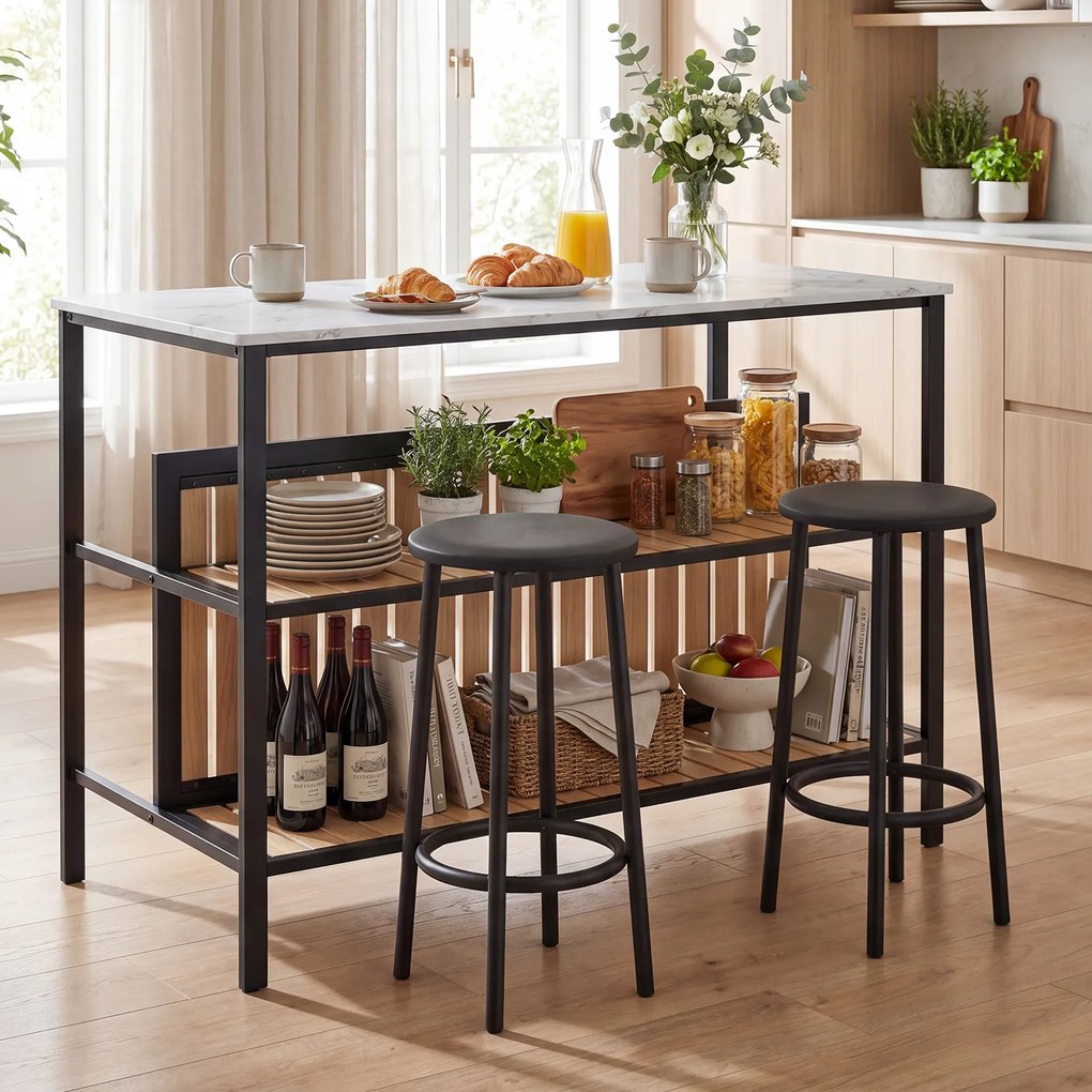 Conjunto de Ilha de Cozinha com 2 Bancos, 120 x 60 x 84 cm, Tampo com Efeito Mármore, Branco