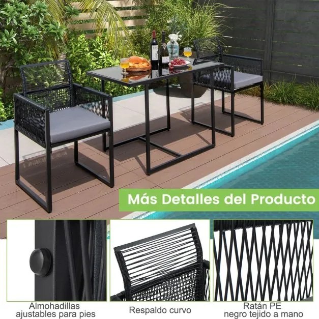 Conjunto de mobiliário de jardim em rattan PE com encosto rebatível e almofadas confortáveis Preto