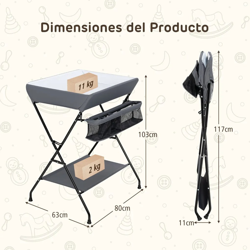 Trocador de Fraldas para bebé dobrável portátil com cesto de fraldas de 3 compartimentos e prateleira para bebês 80 x 63 x 103 cm Cinzento