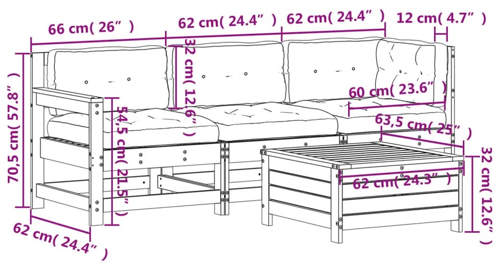 4 pcs conj. lounge de jardim c/ almofadões pinho maciço branco