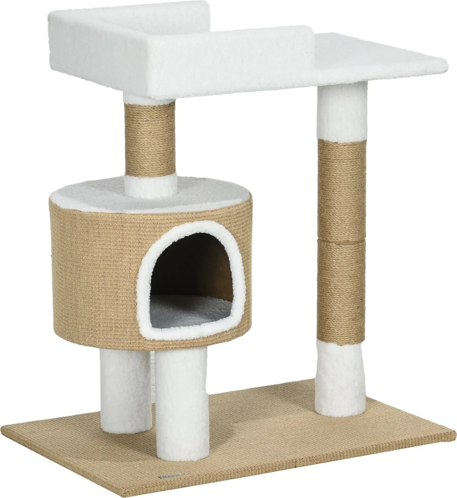 PawHut Arranhador Árvore para gatos Casinha para gatos, 1 casinha para gatos, 1 área de descanso, 70 cm  x 49 cm x 79 cm, Natural + Branco | Aosom Portugal