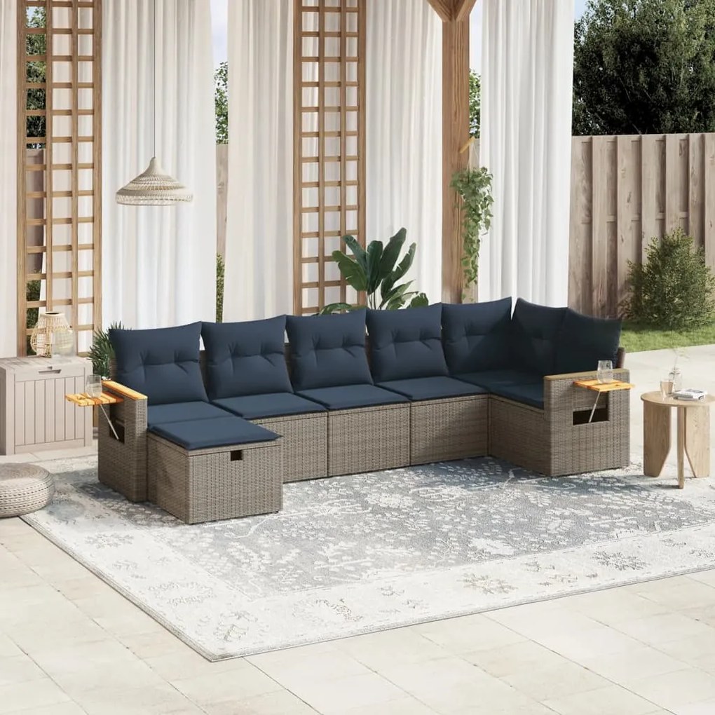 vidaXL 7 pcs conjunto sofás p/ jardim c/ almofadões vime PE cinzento