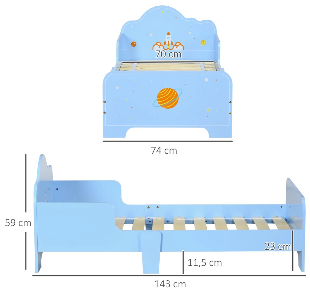 Cama para Crianças de 3-6 Anos 143x74x59cm Cama Infantil de Madeira com Barreiras de Proteção Carga Máxima 80kg Azul