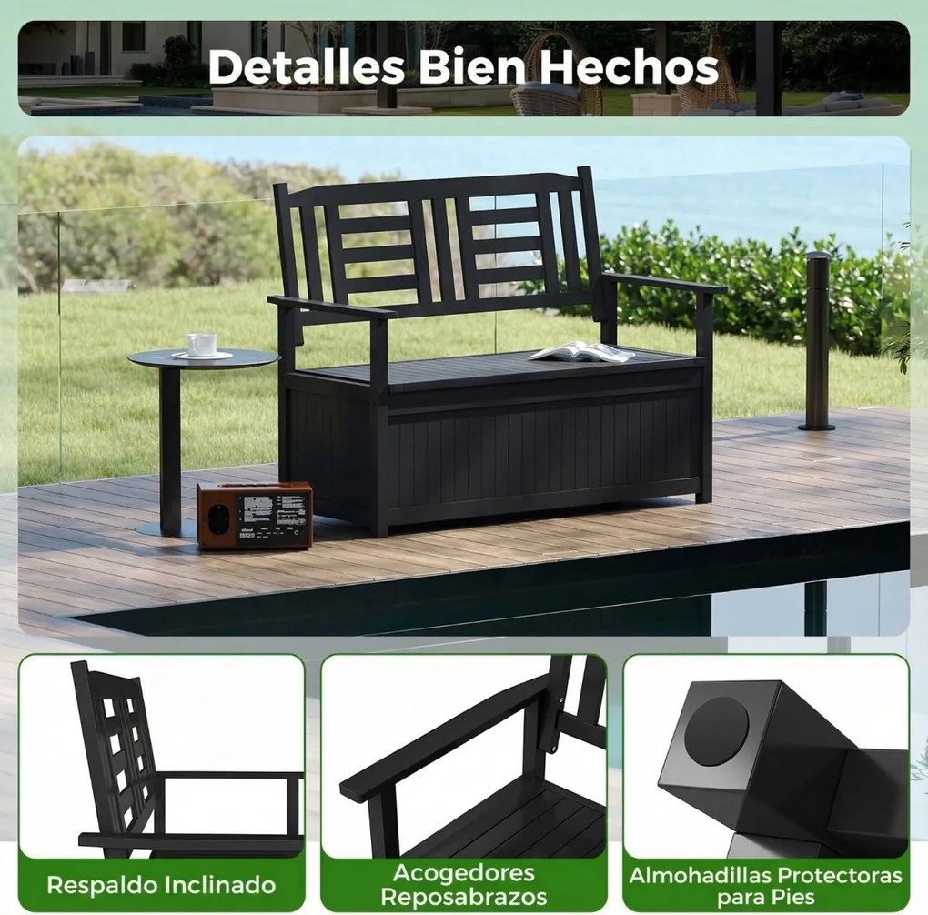 Banco jardim 123 x 68,5 x 96 cm com armazenamento para pátio com 185 L para 2 pessoas com encosto e braços Preto