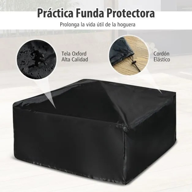 Mesa Braseira de Exterior 81 x 81 x 50 cm de Madeira 3 em 1 com Proteção contra Faíscas Grelha para Lenha Grelha para Churrasco Capa para Chuva Cinza