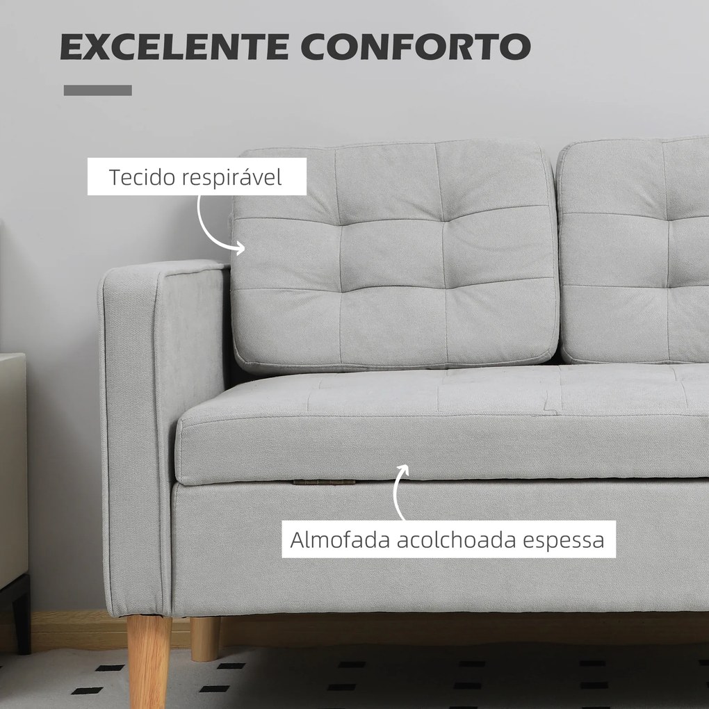 Sofá de 2 Lugares com Espaço de Armazenamento Pés de Madeira Encosto Capitonê 117x62x78 cm Cinzento Claro