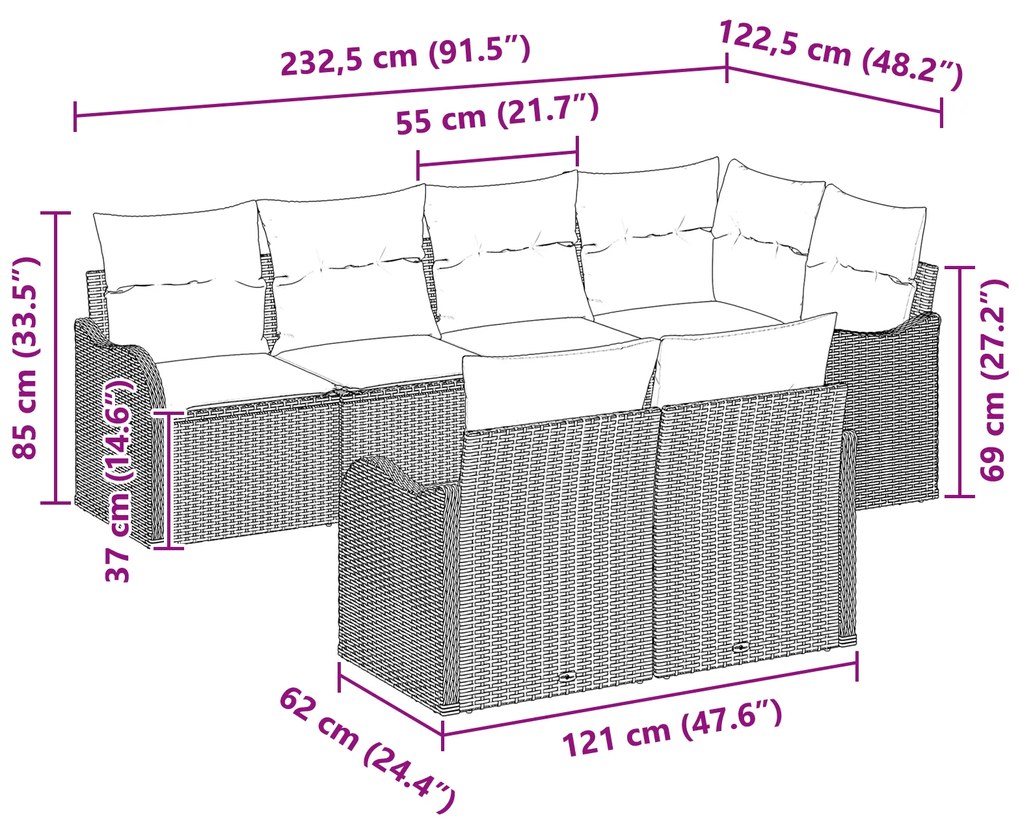 Conjunto de 7 Peças de Sofá de Jardim com Almofadas Bege em Vime