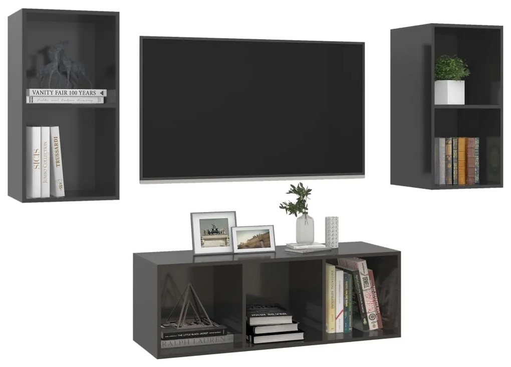 3 pcs conjunto móveis de TV derivados madeira cinza brilhante