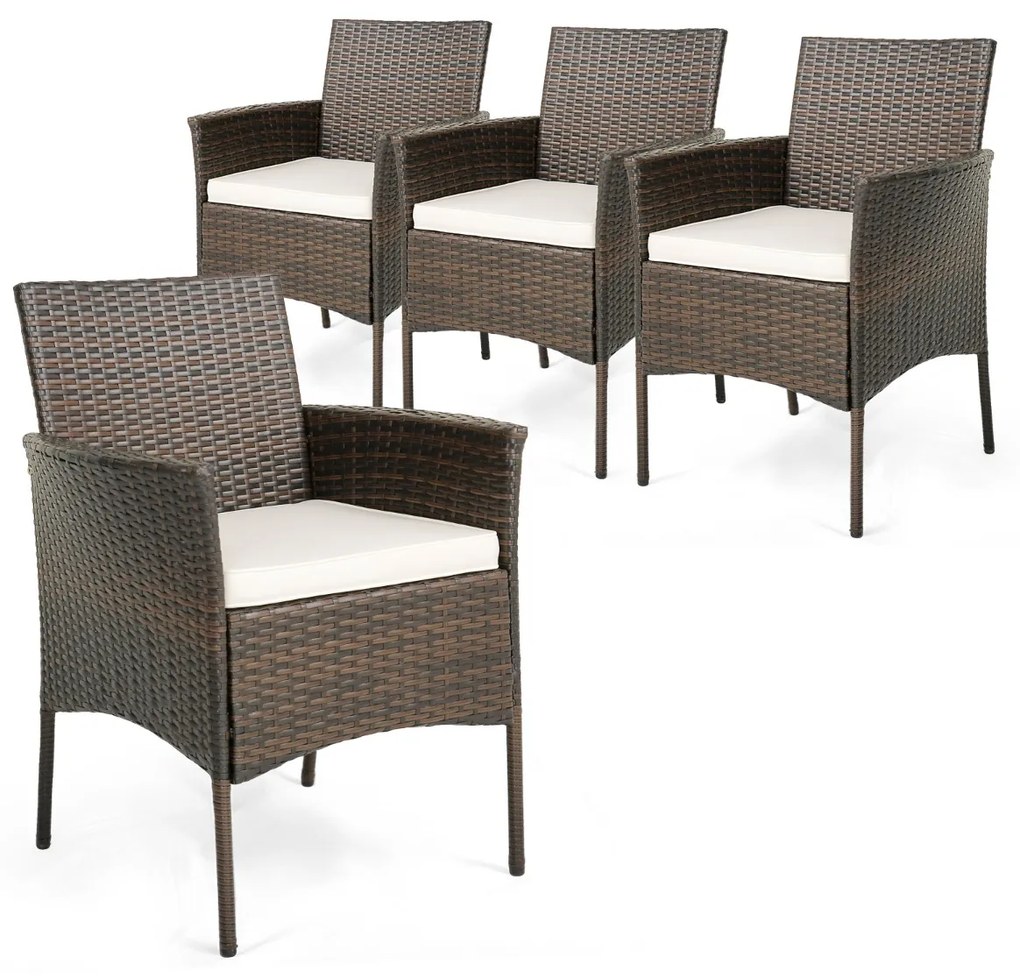 Conjunto de 4 cadeiras jardim de vime de rattan PE com almofadas de assento macias Estrutura metálica resistente Apoios de braços curvos para Jardim m