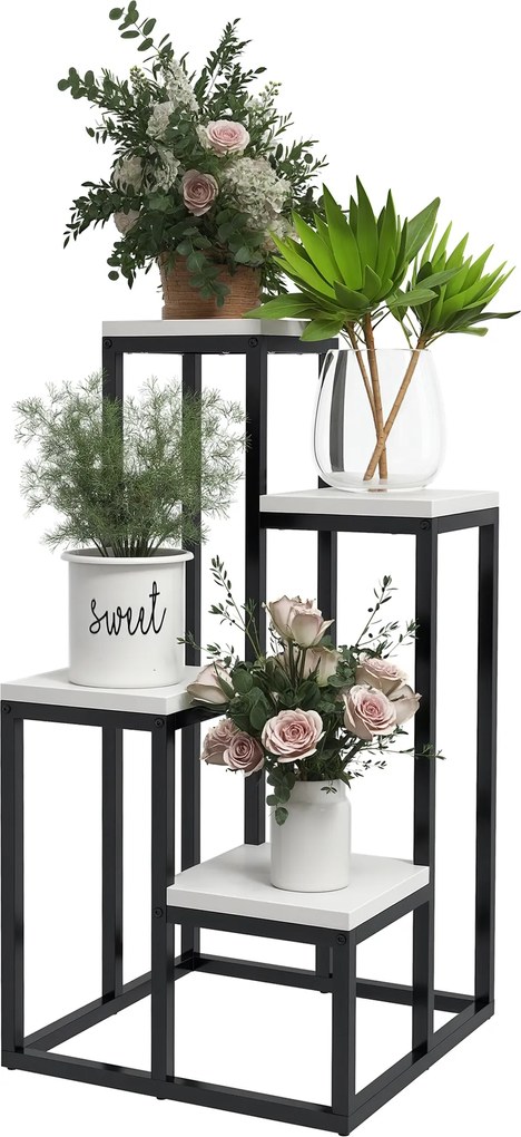 Estante para plantas e flores em metal e madeira, com 4 níveis de alturas diferentes, estilo industrial, 34 x 34 x 66 cm preto e branco