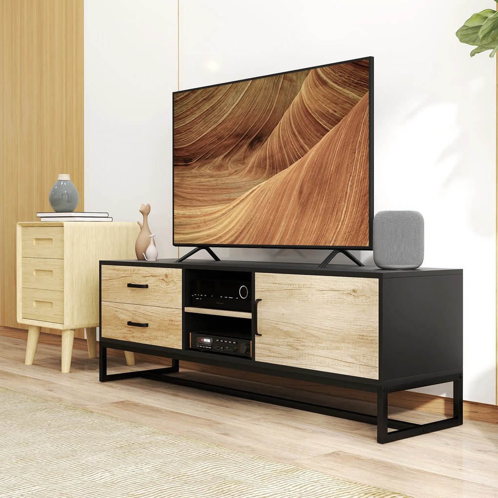 Móvel para televisores até 60 polegadas 140 x 35 x 45 cm, com prateleiras abertas e 2 gavetas, natural e preto
